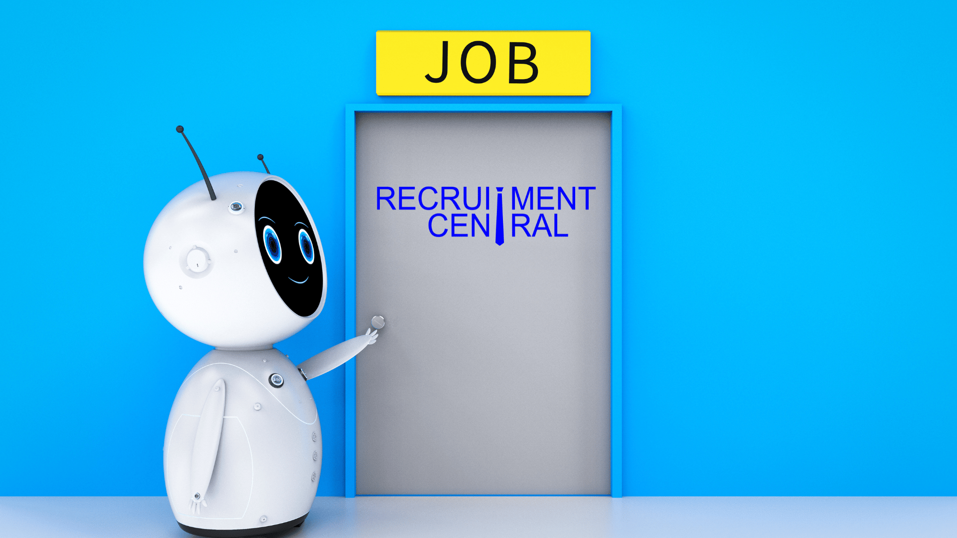 The image displays a AI Bot standing near a closed door holding th knob of the door. On the door recruitment central is written and above the blog a yellow tag with JOB written on it is written. The image depicts ai hiring with Recruitment Central.