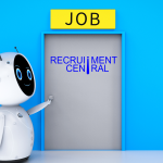 The image displays a AI Bot standing near a closed door holding th knob of the door. On the door recruitment central is written and above the blog a yellow tag with JOB written on it is written. The image depicts ai hiring with Recruitment Central.